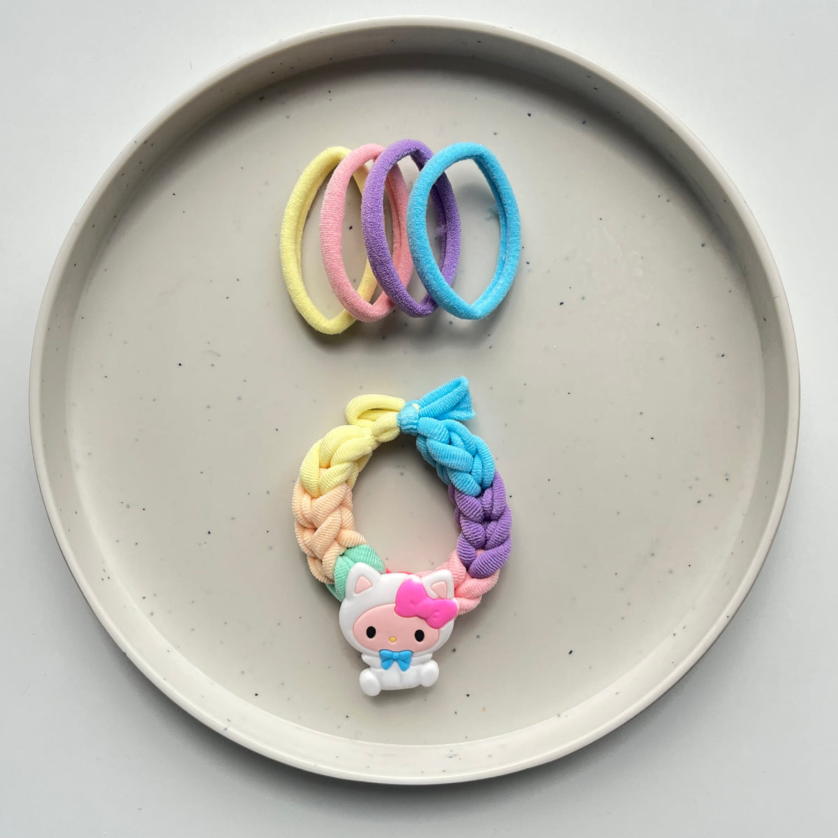 Candy Cow Hair Tie Set – 4 Basic + 1 Fancy Pastel Rainbow Band